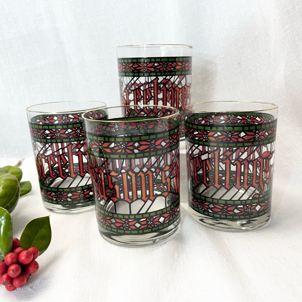 Vintage 1970's Houze "Seasons Greetings" Tumblers Low Ball Glasses 12oz Set of 4